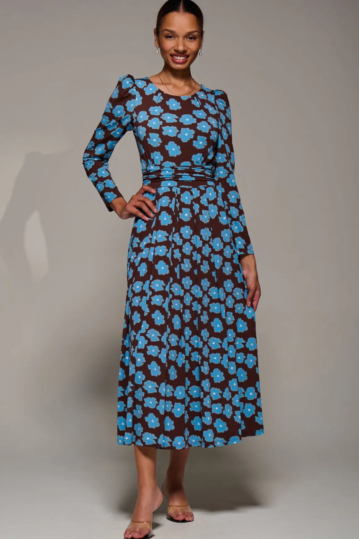 Puff Long Sleeve Jersey Maxi Dress, Blue Floral