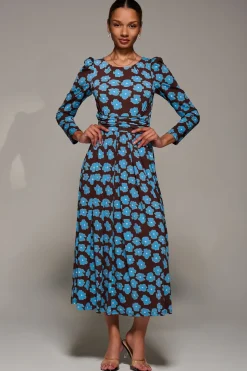Puff Long Sleeve Jersey Maxi Dress, Blue Floral