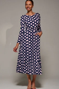 Puff Long Sleeve Jersey Maxi Dress, Navy Spot