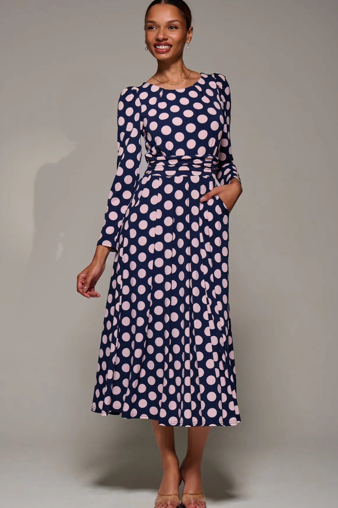 Puff Long Sleeve Jersey Maxi Dress, Navy Spot