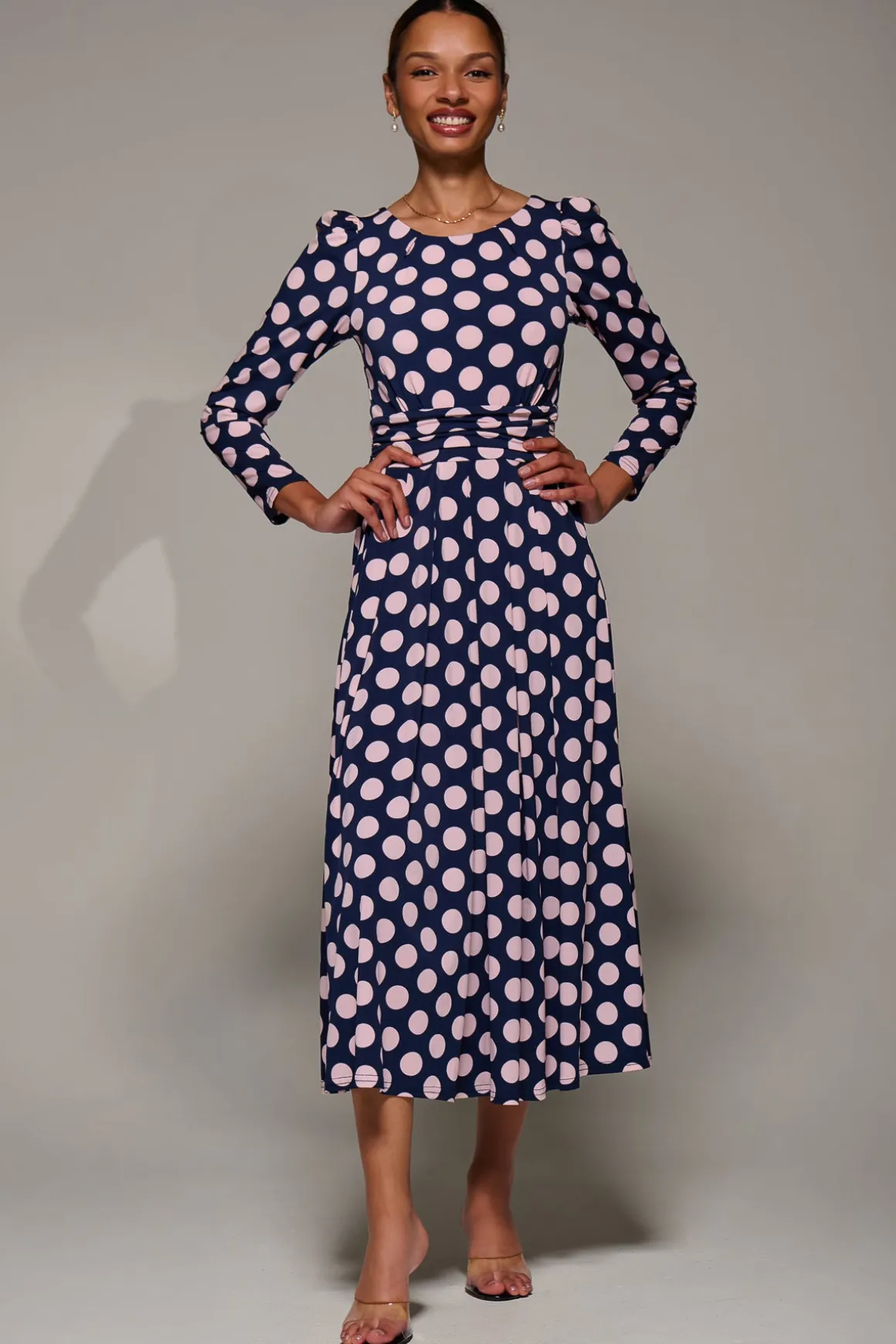 Puff Long Sleeve Jersey Maxi Dress, Navy Spot