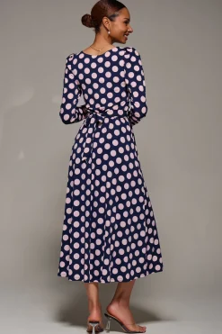 Puff Long Sleeve Jersey Maxi Dress, Navy Spot