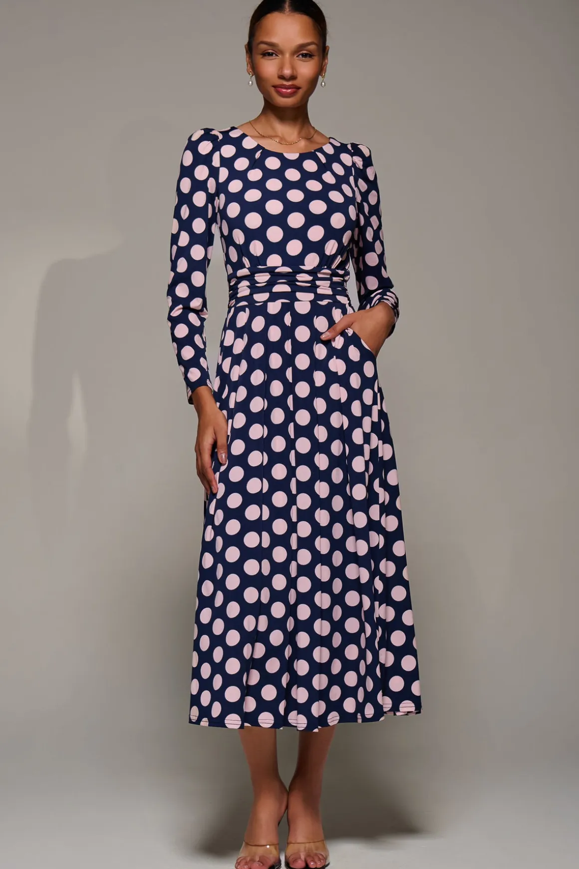 Puff Long Sleeve Jersey Maxi Dress, Navy Spot