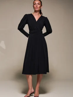 Puff Long Sleeve Jersey Midi Dress, Black
