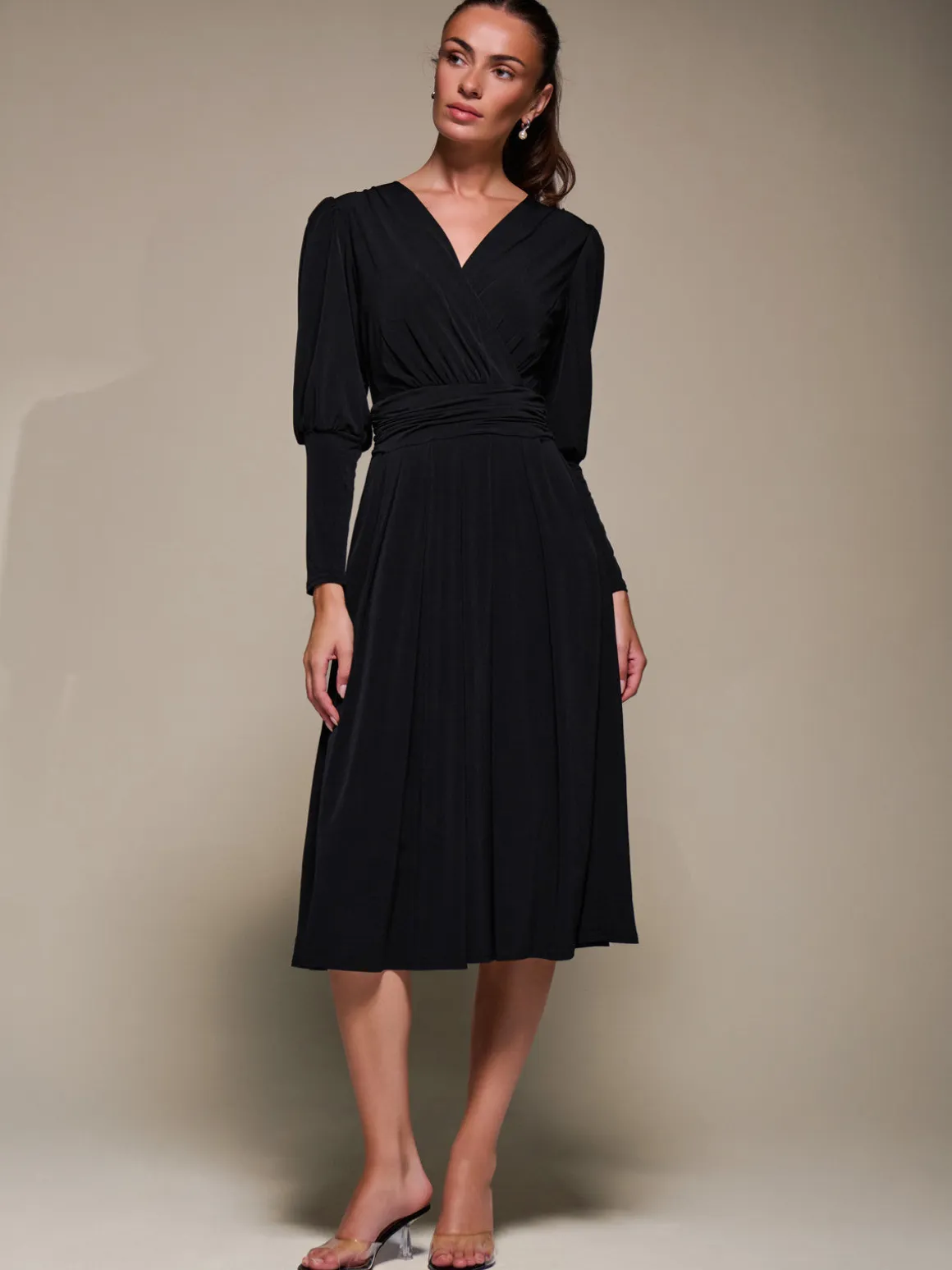 Puff Long Sleeve Jersey Midi Dress, Black