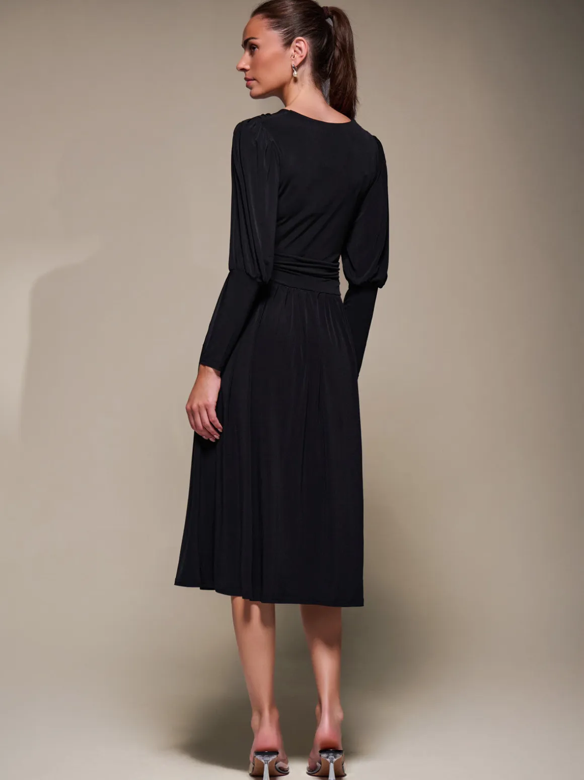 Puff Long Sleeve Jersey Midi Dress, Black