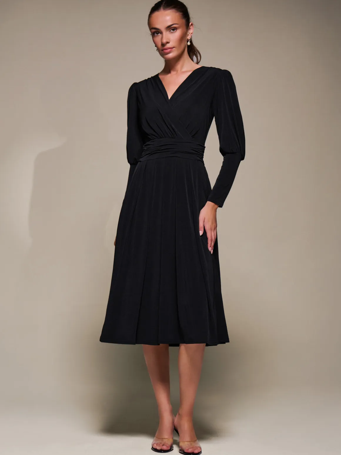 Puff Long Sleeve Jersey Midi Dress, Black