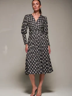 Puff Long Sleeve Jersey Midi Dress, Black Pattern