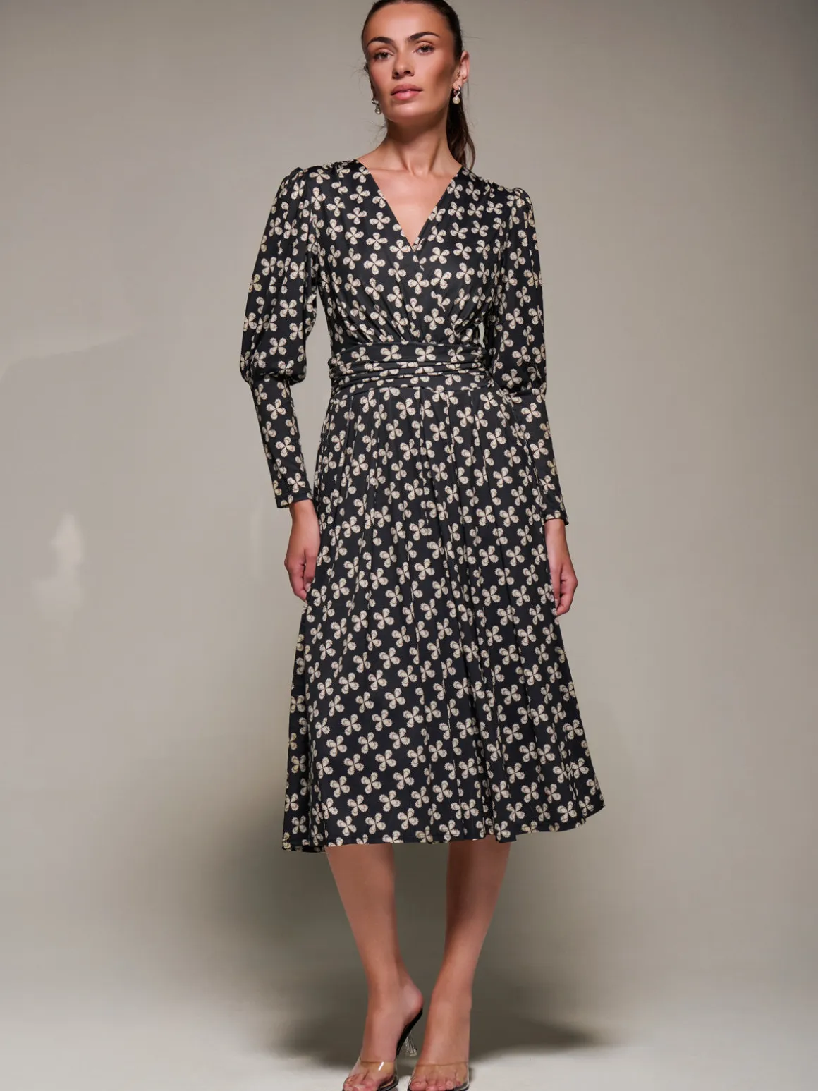 Puff Long Sleeve Jersey Midi Dress, Black Pattern