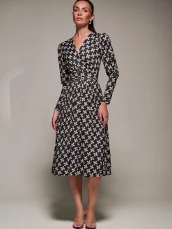 Puff Long Sleeve Jersey Midi Dress, Black Pattern