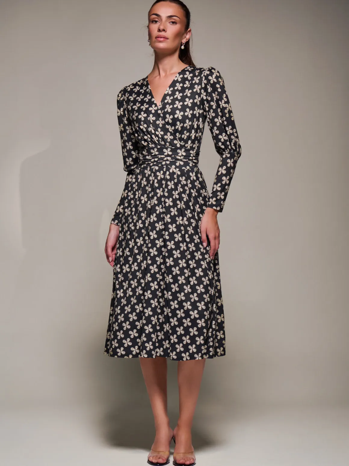 Puff Long Sleeve Jersey Midi Dress, Black Pattern