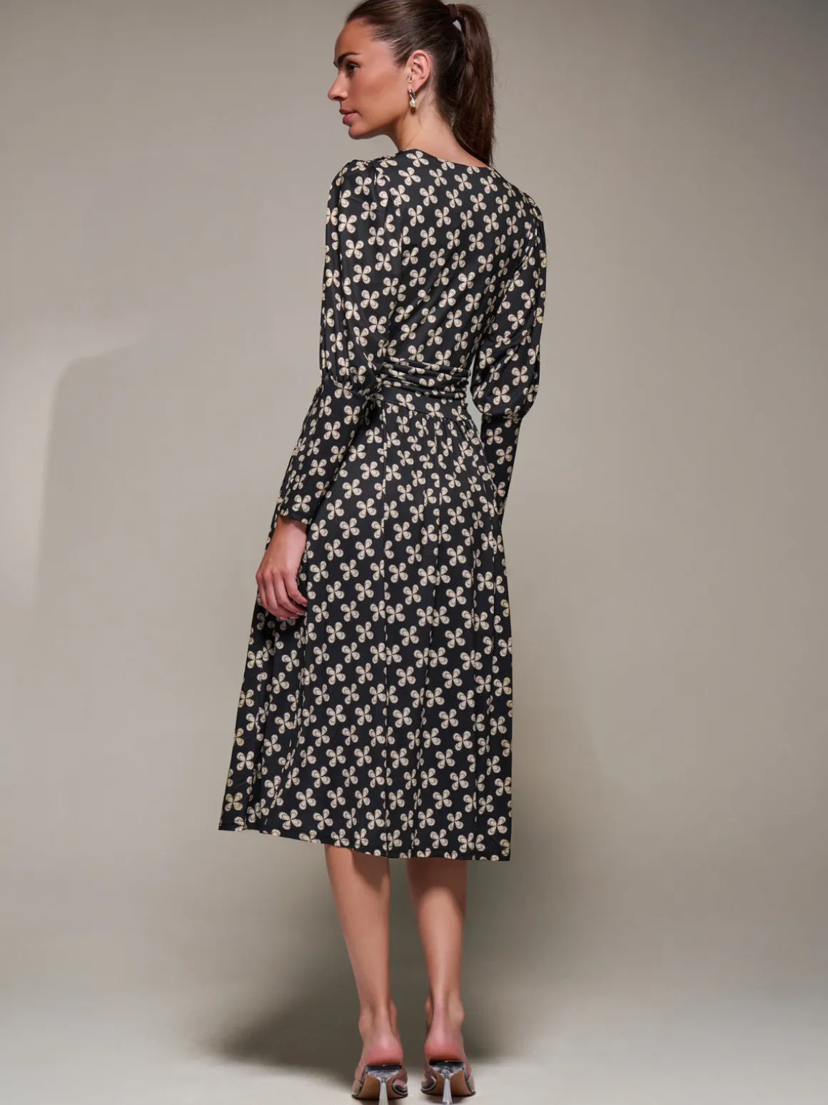 Puff Long Sleeve Jersey Midi Dress, Black Pattern