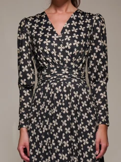Puff Long Sleeve Jersey Midi Dress, Black Pattern