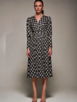 Puff Long Sleeve Jersey Midi Dress, Black Pattern