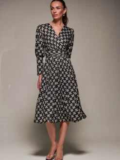 Puff Long Sleeve Jersey Midi Dress, Black Pattern