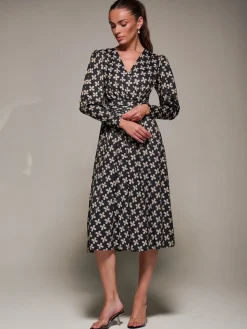 Puff Long Sleeve Jersey Midi Dress, Black Pattern
