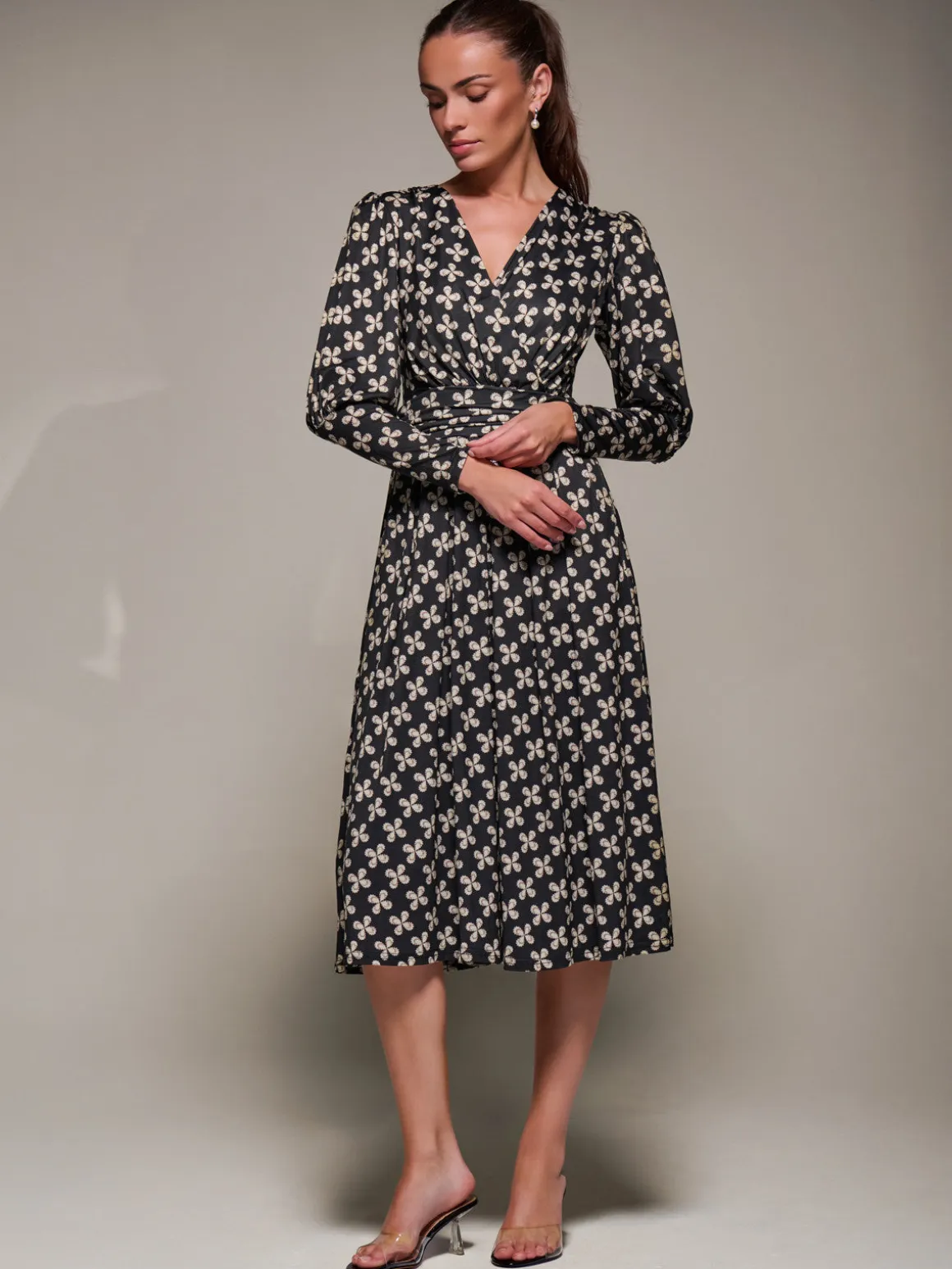 Puff Long Sleeve Jersey Midi Dress, Black Pattern