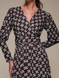 Puff Long Sleeve Jersey Midi Dress, Brown Pattern