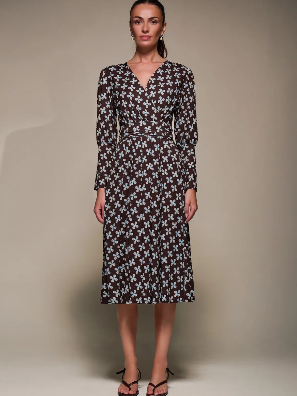 Puff Long Sleeve Jersey Midi Dress, Brown Pattern