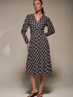 Puff Long Sleeve Jersey Midi Dress, Brown Pattern