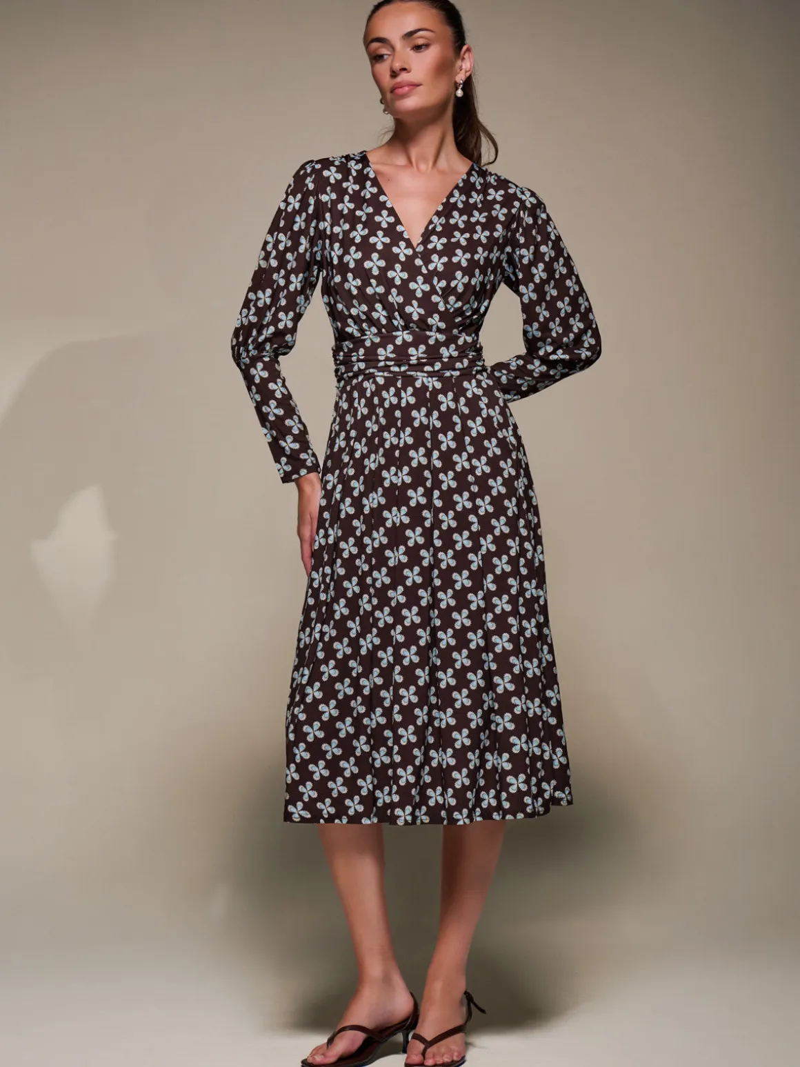 Puff Long Sleeve Jersey Midi Dress, Brown Pattern