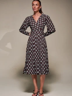 Puff Long Sleeve Jersey Midi Dress, Brown Pattern