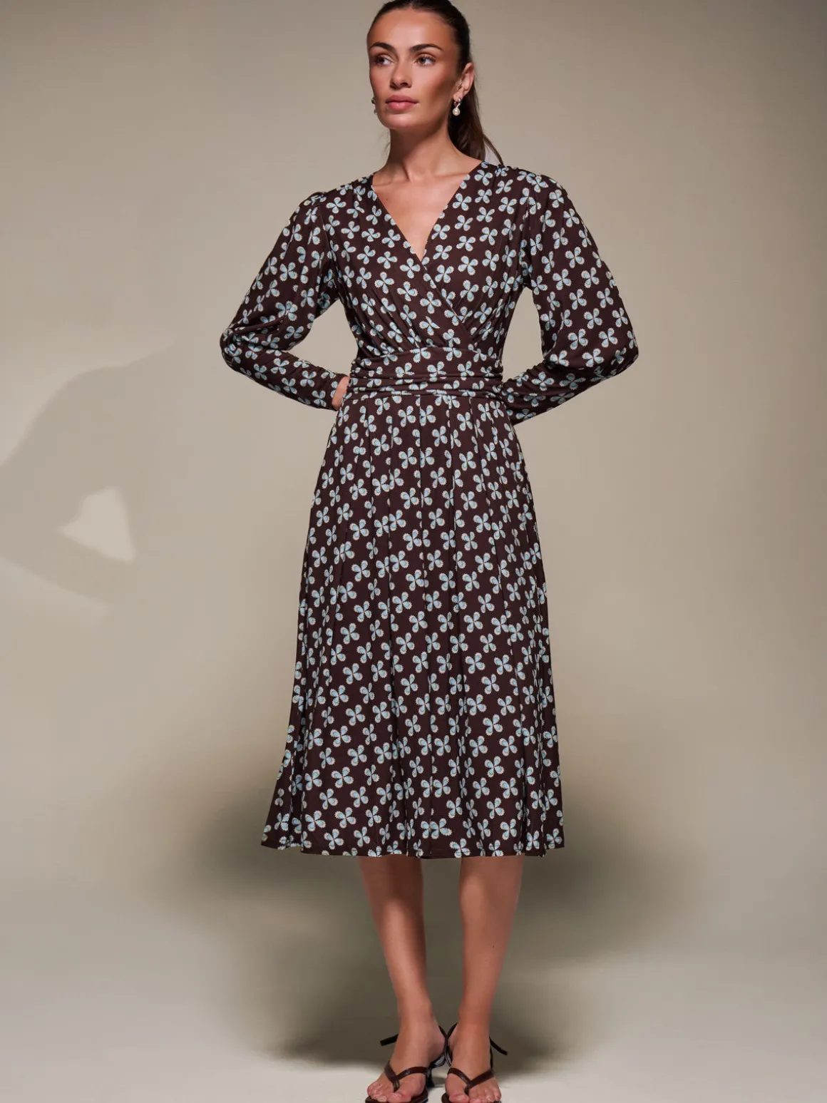 Puff Long Sleeve Jersey Midi Dress, Brown Pattern