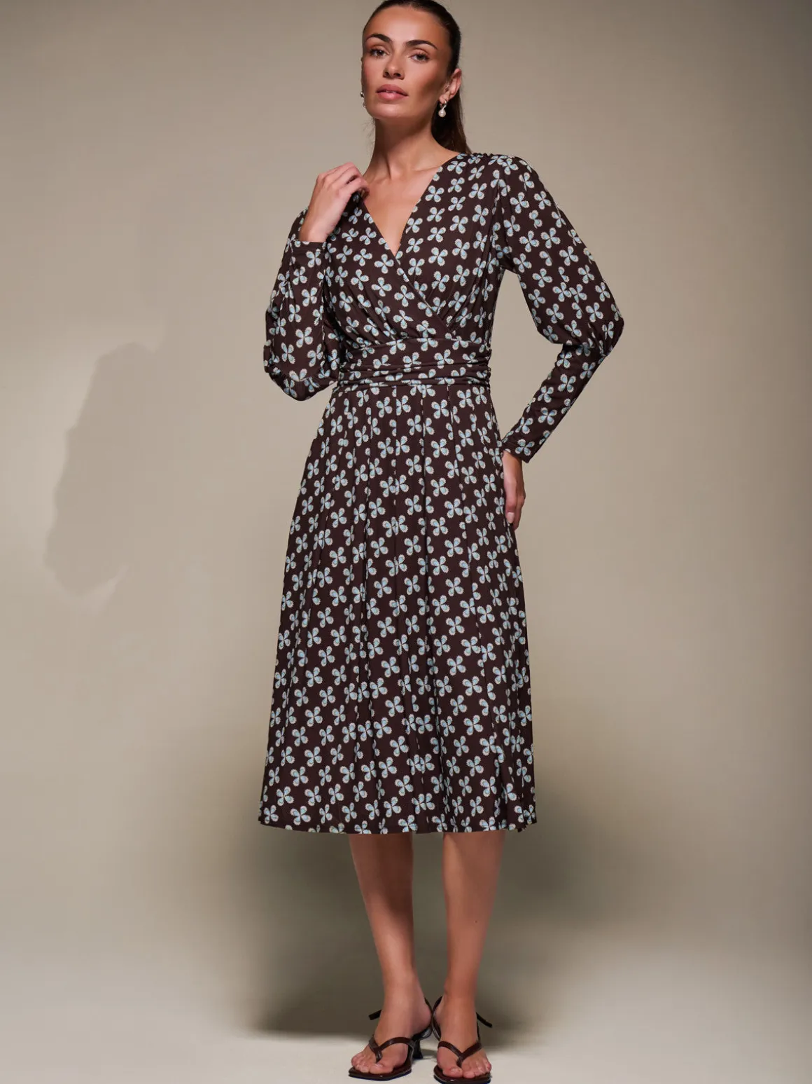 Puff Long Sleeve Jersey Midi Dress, Brown Pattern