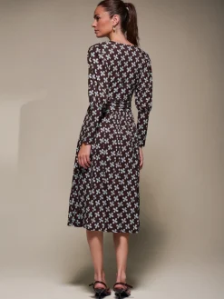 Puff Long Sleeve Jersey Midi Dress, Brown Pattern