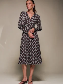 Puff Long Sleeve Jersey Midi Dress, Brown Pattern