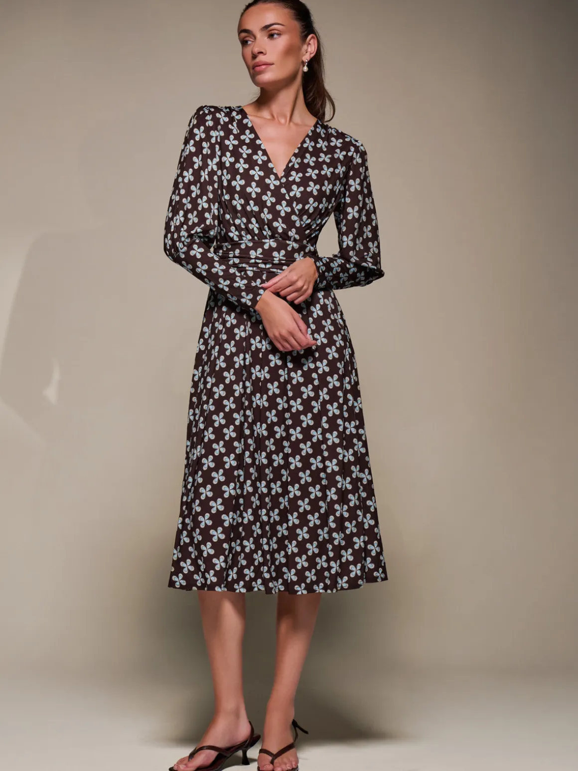 Puff Long Sleeve Jersey Midi Dress, Brown Pattern