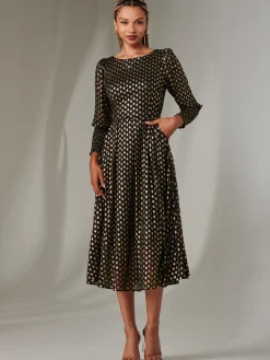 Puff Sleeve Gold Spotty Midaxi Dress, Black