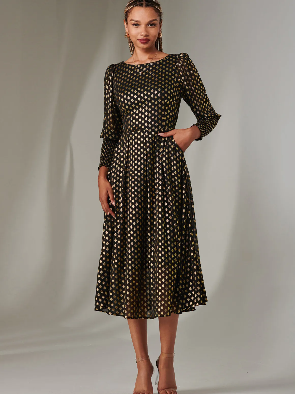 Puff Sleeve Gold Spotty Midaxi Dress, Black