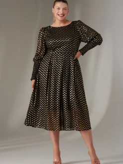 Puff Sleeve Gold Spotty Midaxi Dress, Black