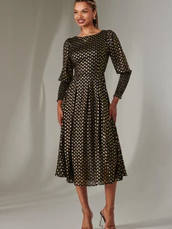 Puff Sleeve Gold Spotty Midaxi Dress, Black