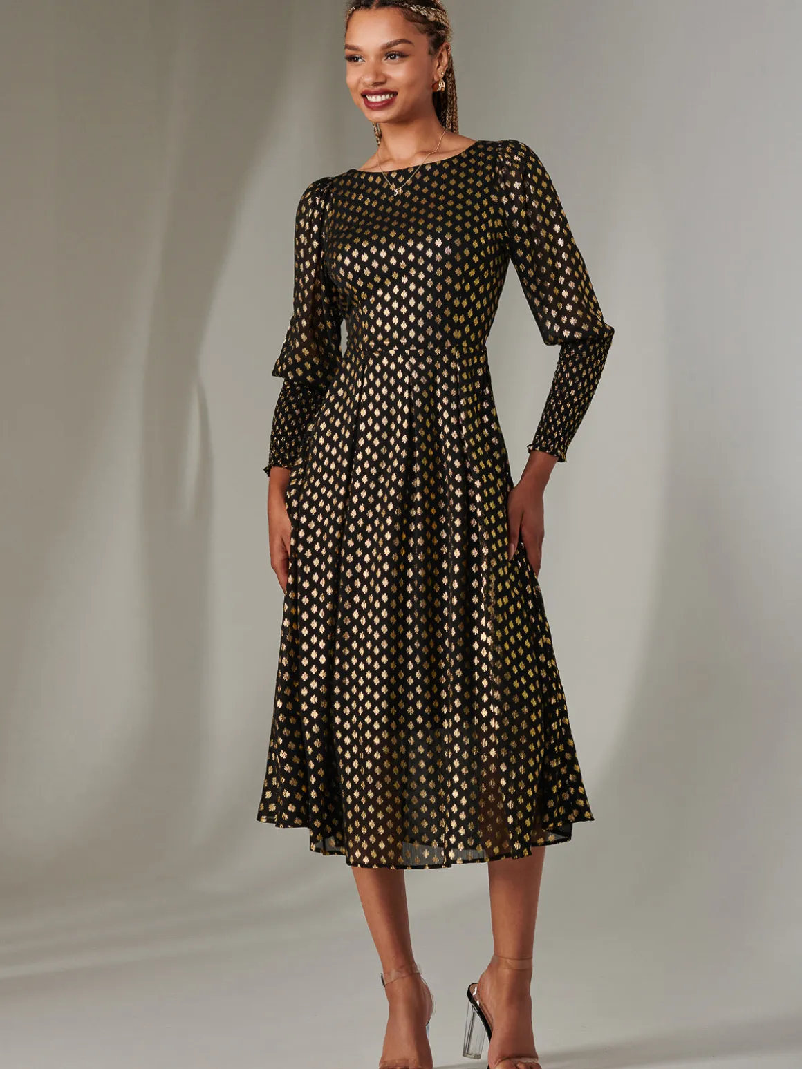 Puff Sleeve Gold Spotty Midaxi Dress, Black