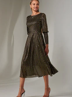 Puff Sleeve Gold Spotty Midaxi Dress, Black
