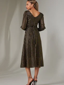 Puff Sleeve Gold Spotty Midaxi Dress, Black