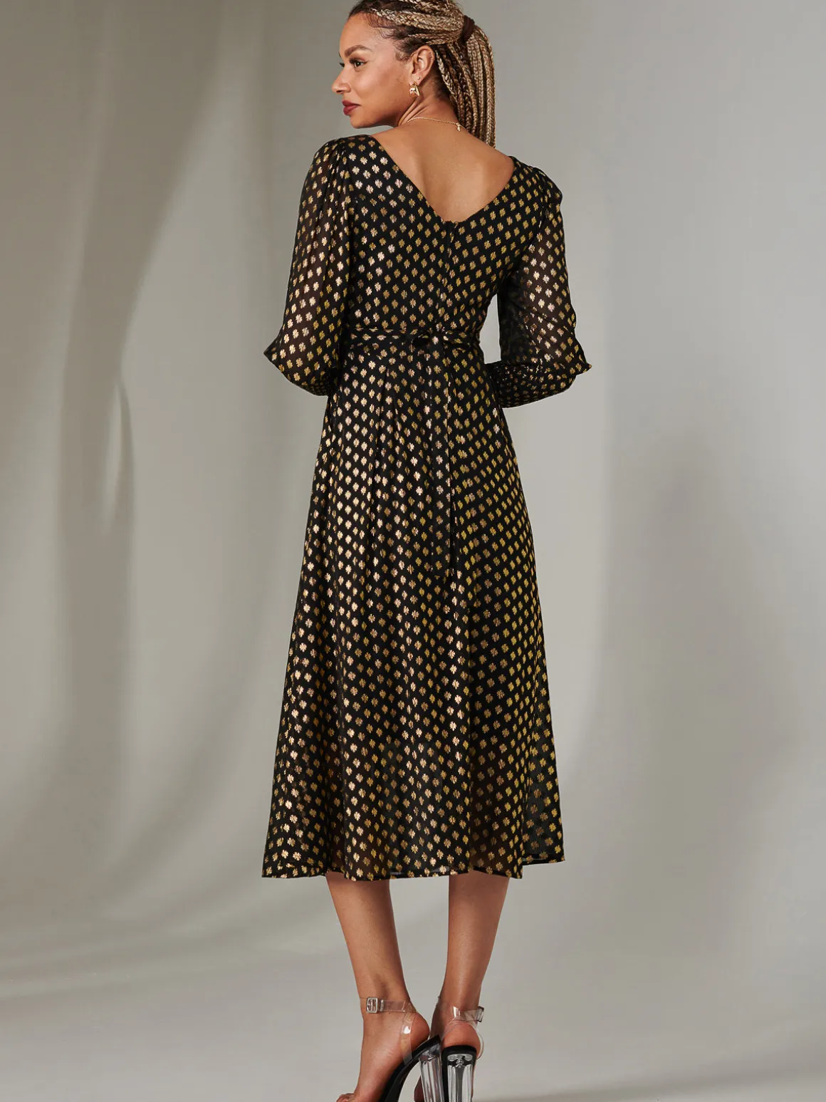 Puff Sleeve Gold Spotty Midaxi Dress, Black