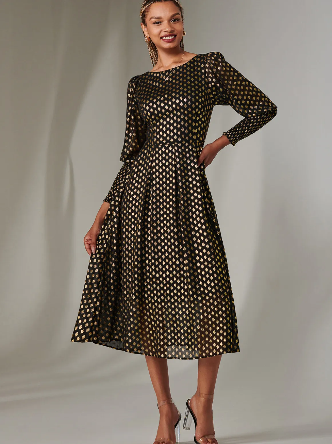 Puff Sleeve Gold Spotty Midaxi Dress, Black