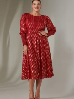 Puff Sleeve Gold Spotty Midaxi Dress, Dark Red