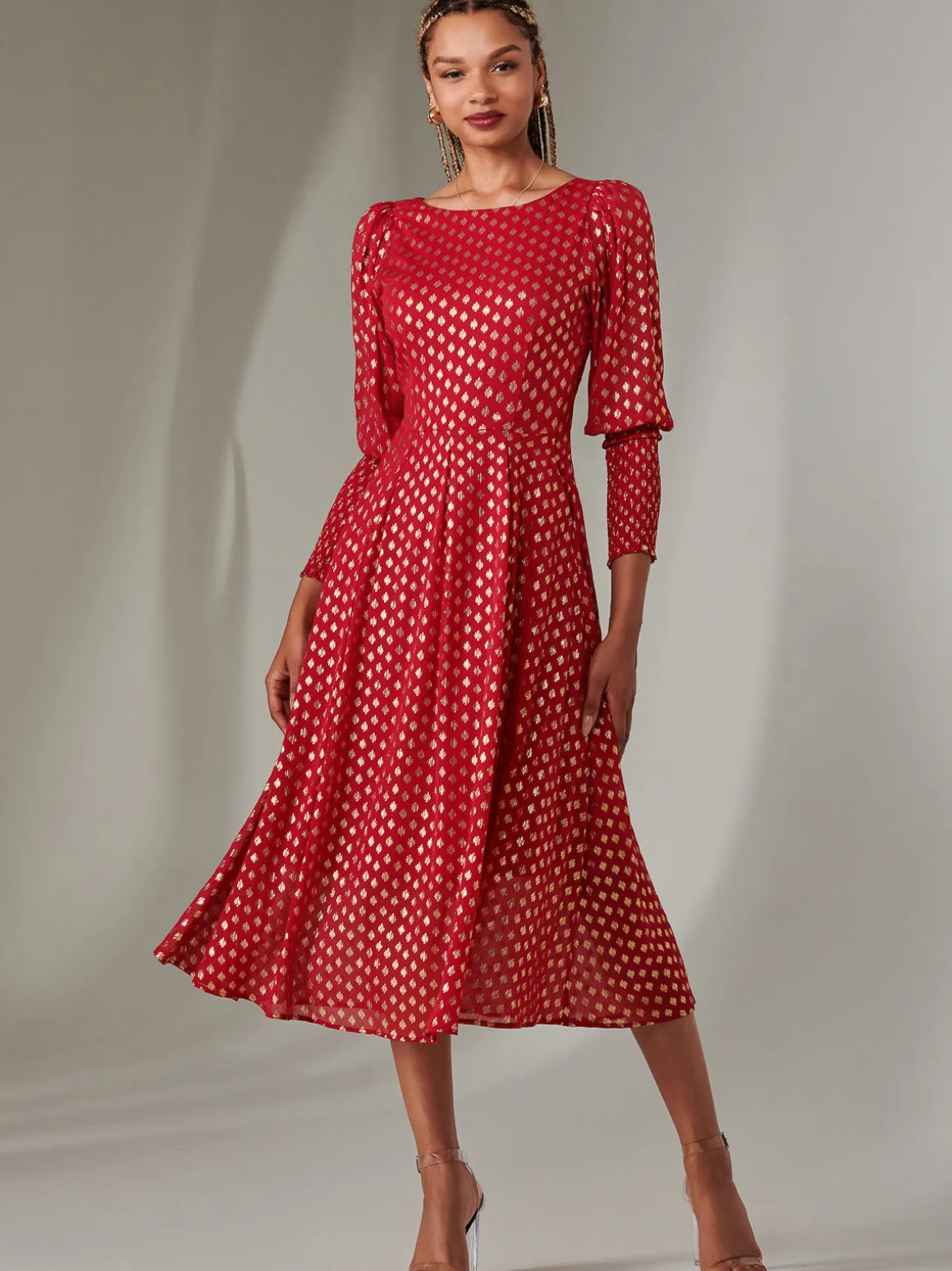 Puff Sleeve Gold Spotty Midaxi Dress, Dark Red