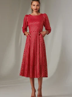 Puff Sleeve Gold Spotty Midaxi Dress, Dark Red