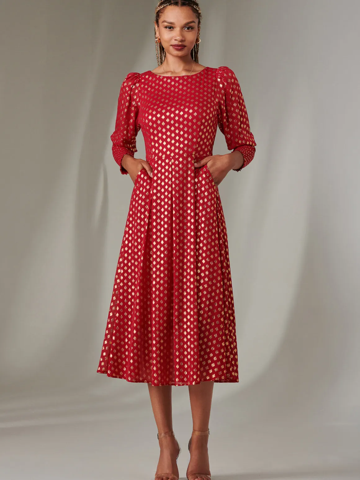 Puff Sleeve Gold Spotty Midaxi Dress, Dark Red