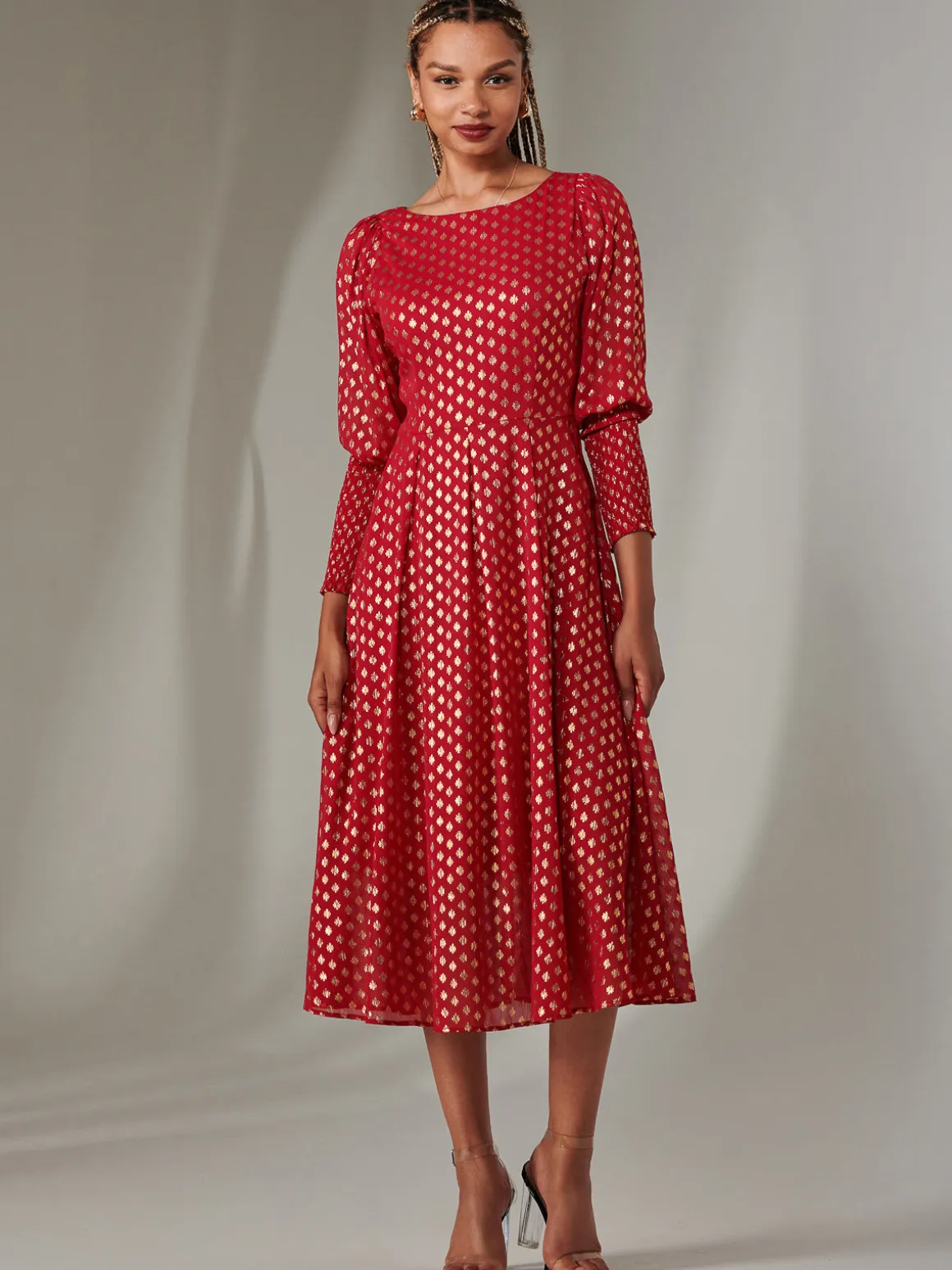 Puff Sleeve Gold Spotty Midaxi Dress, Dark Red