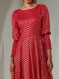 Puff Sleeve Gold Spotty Midaxi Dress, Dark Red