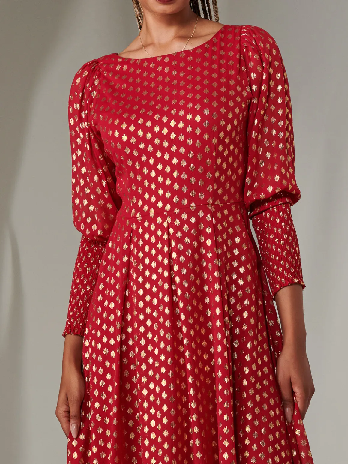 Puff Sleeve Gold Spotty Midaxi Dress, Dark Red
