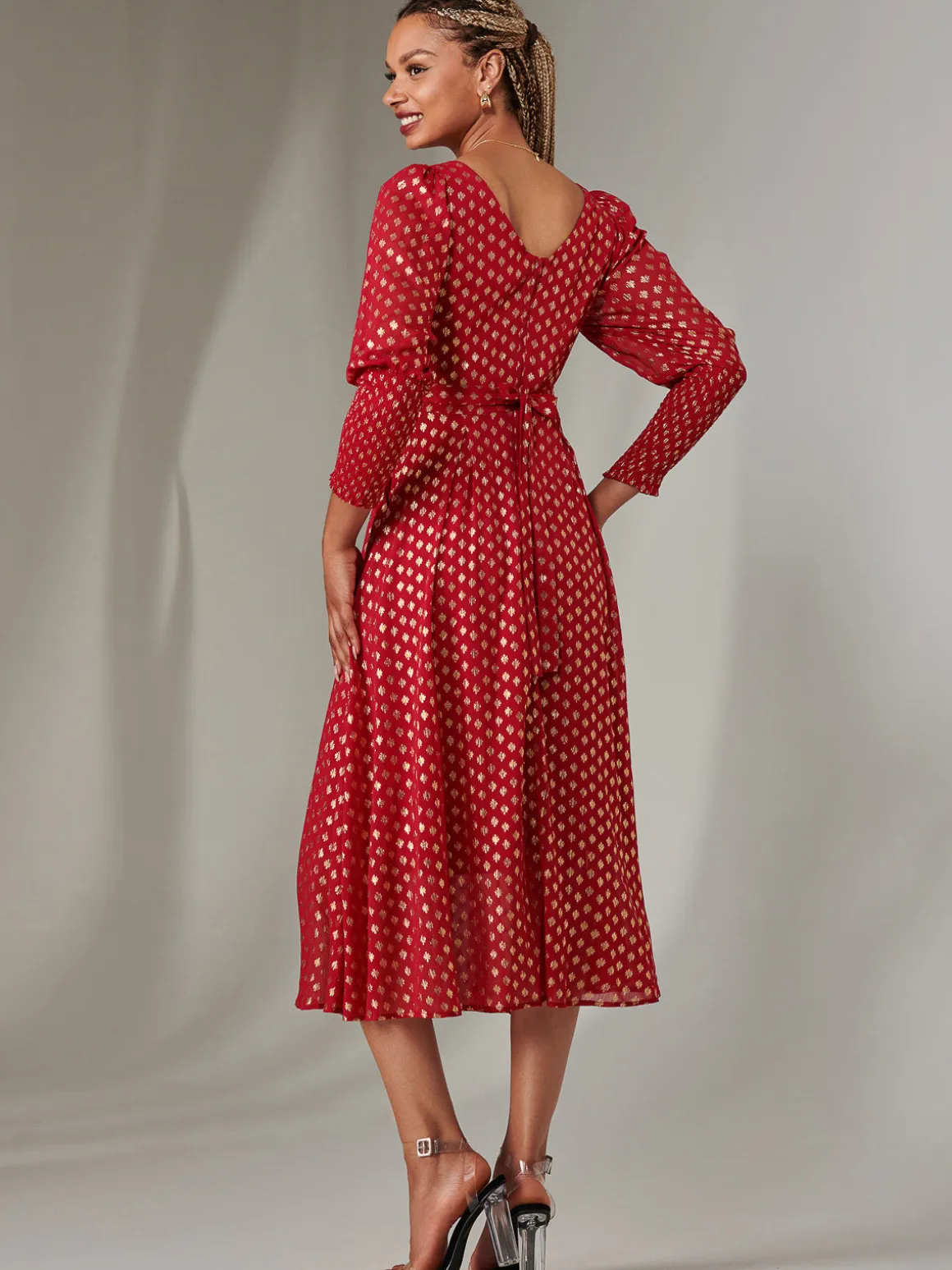 Puff Sleeve Gold Spotty Midaxi Dress, Dark Red
