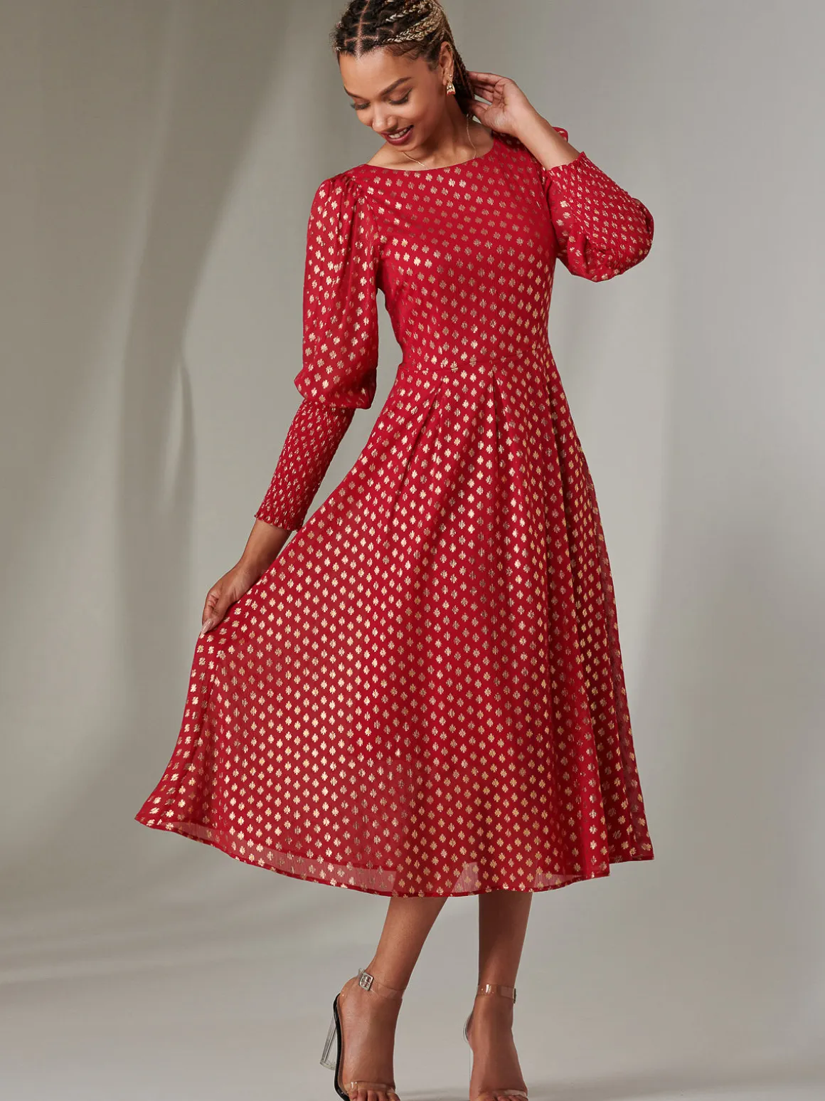 Puff Sleeve Gold Spotty Midaxi Dress, Dark Red