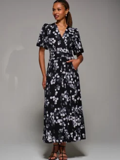 Puff Sleeve Jersey Maxi Dress, Black Spot